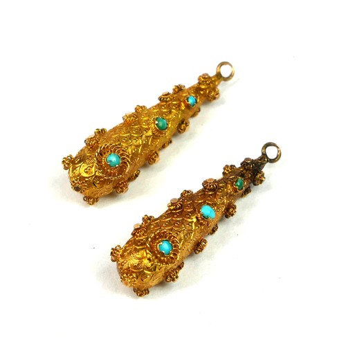 21A - A PAIR OF VICTORIAN YELLOW METAL AND TURQUOISE ETRUSCAN REVIVAL EARRINGS.
(39mm, gross weight 3.2g, ... 