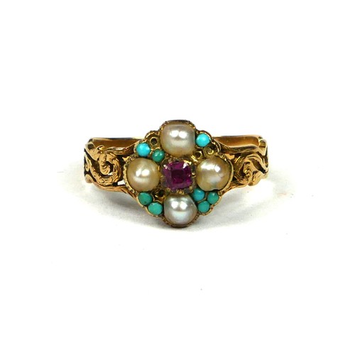 22A - A GEORGIAN YELLOW METAL RUBY, PEARL AND TURQUOISE RING
Having chased and pierced shoulders (A/F). 
(... 