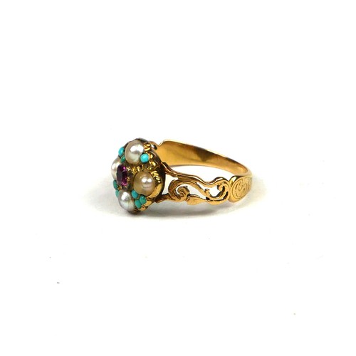 22A - A GEORGIAN YELLOW METAL RUBY, PEARL AND TURQUOISE RING
Having chased and pierced shoulders (A/F). 
(... 