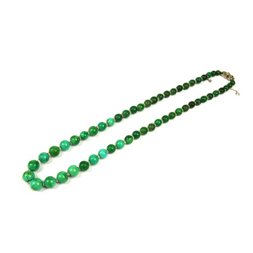 23A - A WHITE METAL AND DIAMOND CLASPED GREEN TURQUOISE NECKLACE, WHITE METAL.
(tested for 18ct, length 42... 