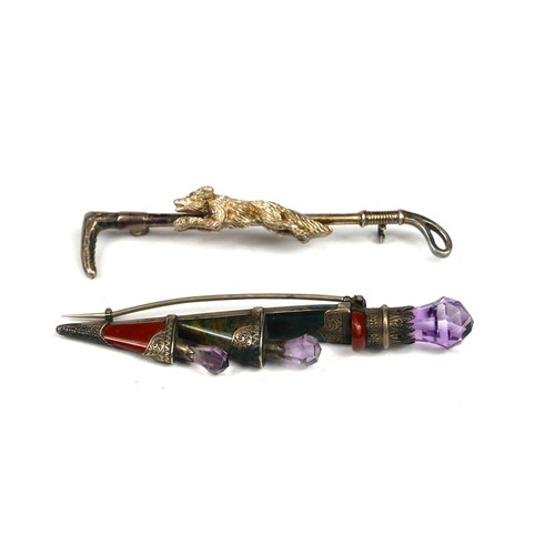 29A - A VICTORIAN SCOTTISH SILVER, AGATE AND AMETHYST DIRK DAGGER BROOCH
Together with a G.W. Lewis & Co. ... 