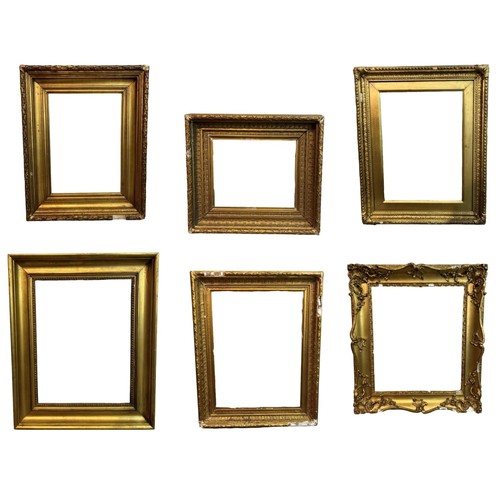 245 - A COLLECTION OF SIX 19TH CENTURY GILTWOOD AND GESSO FRAMES.
(largest 63cm x 71cm, rebate 44cm x 51.5... 
