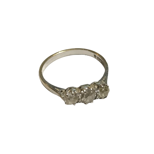 57A - AN 18CT WHITE GOLD AND THREE STONE DIAMOND RING.
(UK ring size Q, gross weight 2.7g)