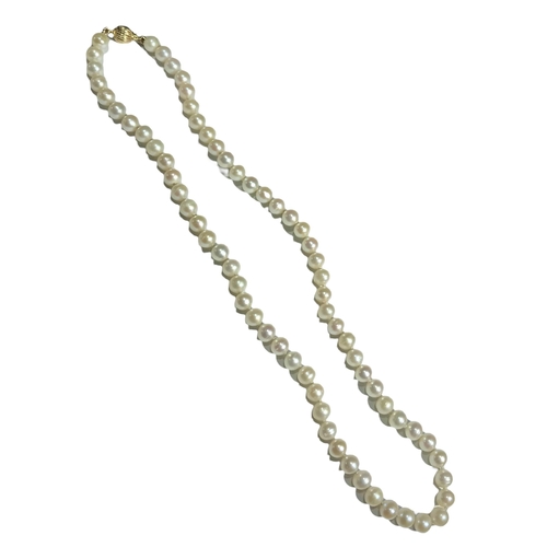 63A - A VINTAGE 9CT GOLD AND CULTURED PEARL NECKLACE
Having a single row of cultured pearls with a texture... 