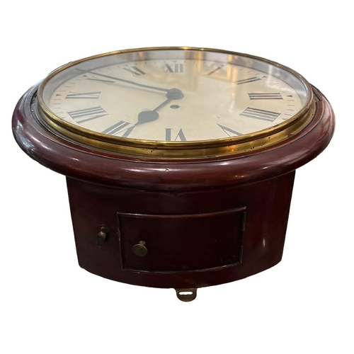 110A - A 19TH CENTURY MAHOGANY SINGLE FUSÉE CIRCULAR WALL CLOCK WITH PENDULUM AND KEY.
(dial 30cm, overall ... 