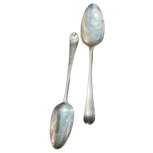 65A - JOHN MUNS, A GEORGE III PAIR OF SILVER SPOONS, HALLMARKED LONDON, 1764 Monogrammed ‘M.B.’ to reverse... 
