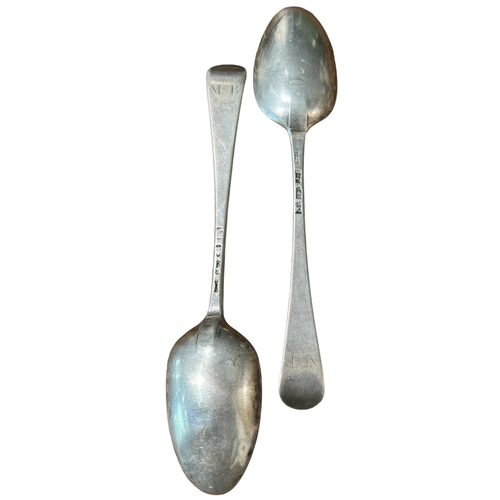 65A - JOHN MUNS, A GEORGE III PAIR OF SILVER SPOONS, HALLMARKED LONDON, 1764 Monogrammed ‘M.B.’ to reverse... 