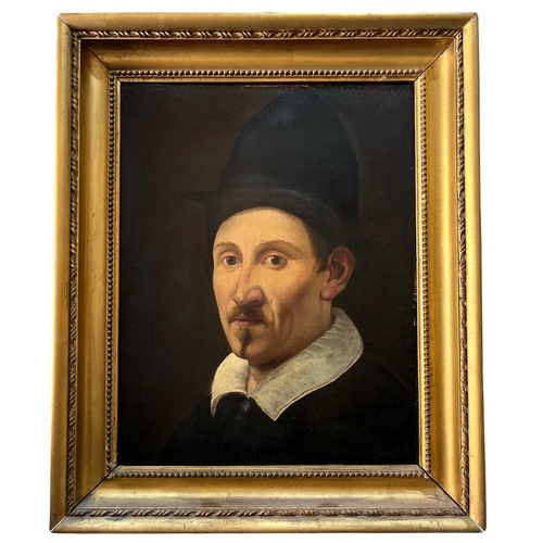 340 - A 17TH CENTURY ITALIAN OIL ON CANVAS, PORTRAIT BELIEVED TO BE GUIDO RENI
Wearing hat a white collar,... 