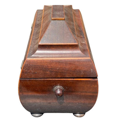 80 - A 19TH CENTURY WOODEN TEA CADDY
Having felt buttoned interior, raised on four bun feet.