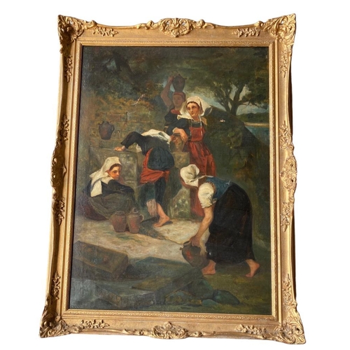 186 - A LATE 19TH/EARLY 20TH CENTURY (POSSIBLY FRENCH) OIL ON CANVAS 
Group of ladies collecting water fro... 