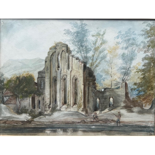 173 - A 19TH CENTURY BRITISH SCHOOL WATERCOLOUR, RUIN RIVER LANDSCAPE WITH FISHERMEN
Framed and glazed.
(s... 