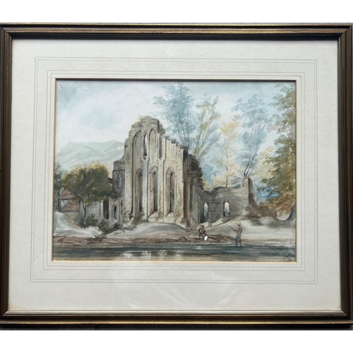 173 - A 19TH CENTURY BRITISH SCHOOL WATERCOLOUR, RUIN RIVER LANDSCAPE WITH FISHERMEN
Framed and glazed.
(s... 