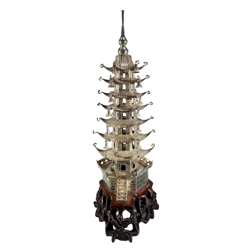 28 - A LARGE 1930’S CHINESE SILVER PAGODA BELL TOWER ON CARVED HARDWOOD STAND (PROBABLY MODELED AFTER THE... 