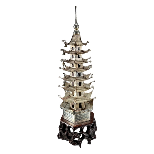 28 - A LARGE 1930’S CHINESE SILVER PAGODA BELL TOWER ON CARVED HARDWOOD STAND (PROBABLY MODELED AFTER THE... 