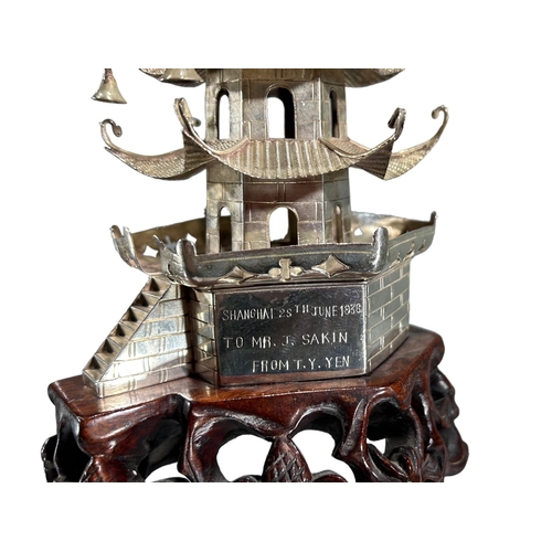 28 - A LARGE 1930’S CHINESE SILVER PAGODA BELL TOWER ON CARVED HARDWOOD STAND (PROBABLY MODELED AFTER THE... 