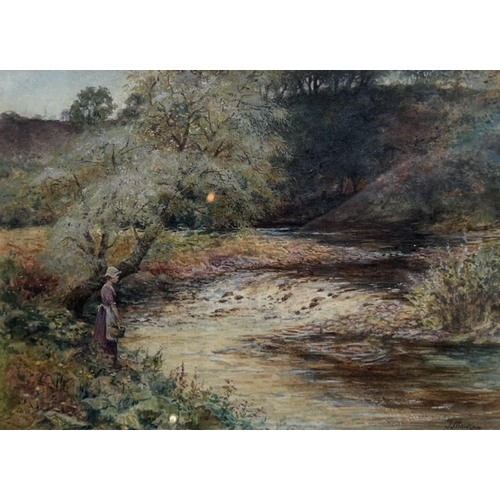 181 - JAMES M. MACKAY, 1834 - 1917, A LATE 19TH CENTURY WATERCOLOUR
Woodland river landscape with a maiden... 