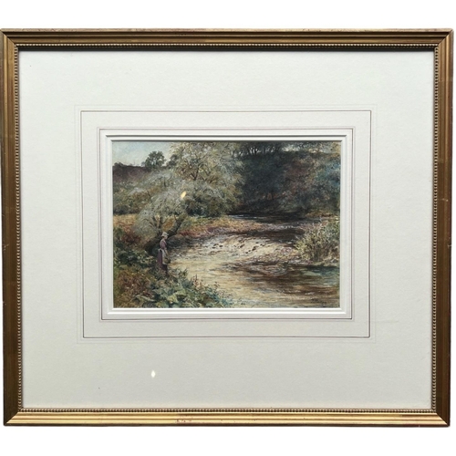 181 - JAMES M. MACKAY, 1834 - 1917, A LATE 19TH CENTURY WATERCOLOUR
Woodland river landscape with a maiden... 