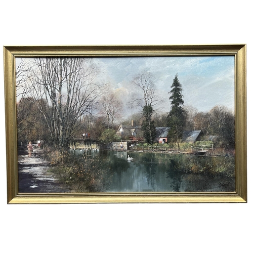 189 - CLIVE MADGWICK, 1934 - 2005, ACRYLIC ON CANVAS
Titled ‘Spring at Flatford’, river landscape with swa... 