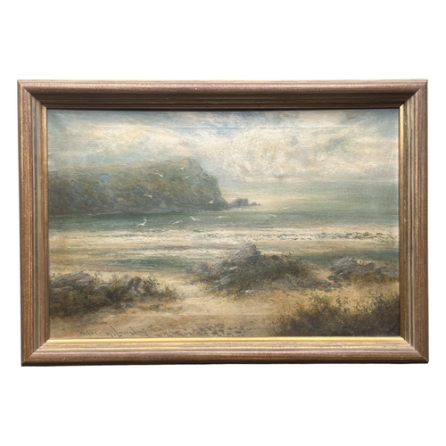 197 - WILLIAM LANGLEY, ACTIVE 1880 - 1920, OIL ON CANVAS
Coastal landscape, with seagulls in flight above ... 