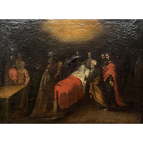 199 - A 17TH CENTURY CONTINENTAL OIL ON CANVAS, DEATH OF MARY SURROUNDED BY SAINTS
Framed.
(sight 40.5cm x... 