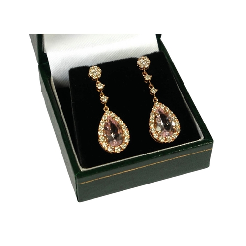 23 - A PAIR OF 18CT ROSE GOLD, PEAR SHAPED MORGANITE AND ROUND BRILLIANT CUT DIAMOND DROP EARRINGS, with ... 