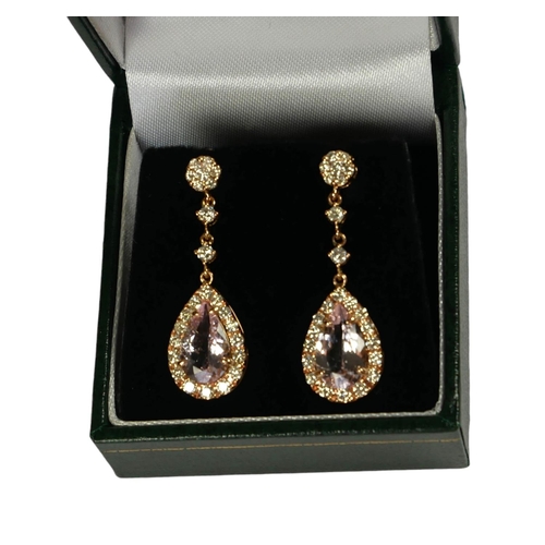 23 - A PAIR OF 18CT ROSE GOLD, PEAR SHAPED MORGANITE AND ROUND BRILLIANT CUT DIAMOND DROP EARRINGS, with ... 