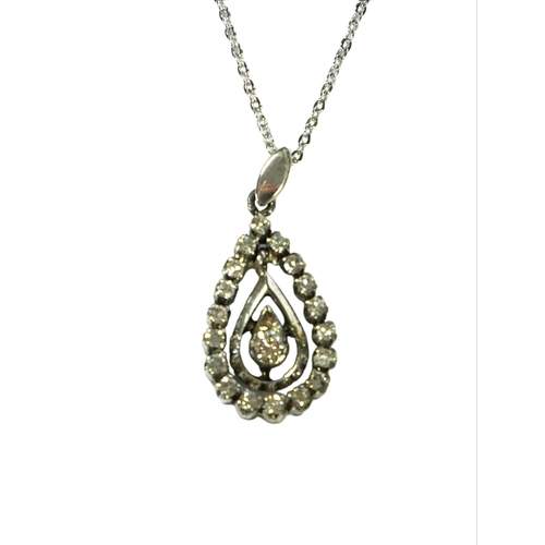 25 - A PEAR SHAPED PENDANT SET WITH ROUND CUT DIAMONDS ON A SILVER CHAIN, boxed.
(Diamonds approx. 0.24ct... 