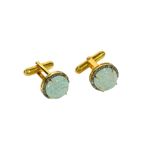 27 - A PAIR OF CARVED AQUAMARINE AND DIAMOND CUFFLINKS.  
(Approx Aquamarines 11.69ct,  Diamonds 0.44ct)