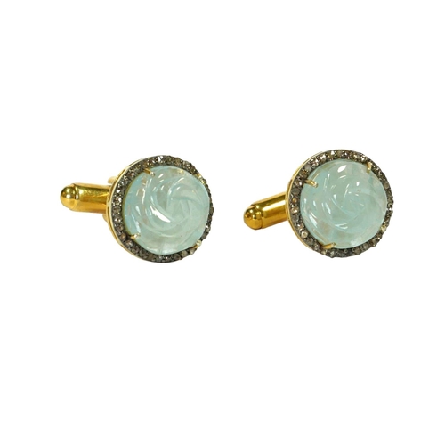 27 - A PAIR OF CARVED AQUAMARINE AND DIAMOND CUFFLINKS.  
(Approx Aquamarines 11.69ct,  Diamonds 0.44ct)