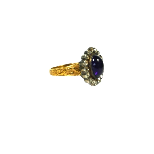 44 - A VICTORIAN, GEORGIAN STYLE YELLOW METAL, AMETHYST AND DIAMOND RING, YELLOW METAL TESTED AS 18CT YEL... 