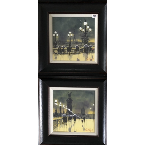 529 - PETER J. RODGERS, A PAIR 20TH CENTURY BRITISH WATERCOLOURS 
Parisian landscapes on a rainy day, bear... 