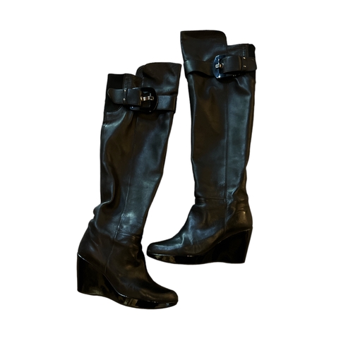 101 - STUART WEITZMAN A BLACK OVER THE KNEE WEDGED BOOTS, size 38