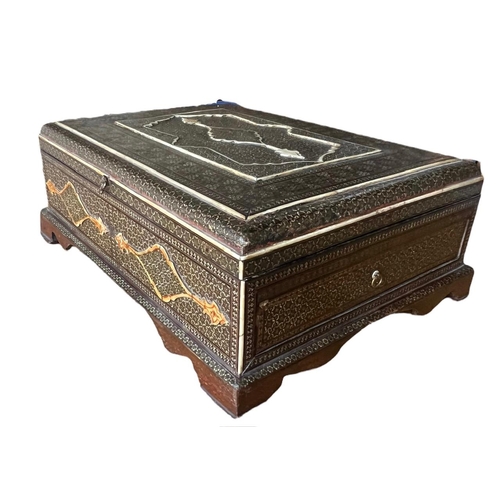 156 - A 19TH CENTURY OTTOMAN EMPIRE LACQUERED WOOD BOX
inlaid with bone and gilt metal geometrical star de... 