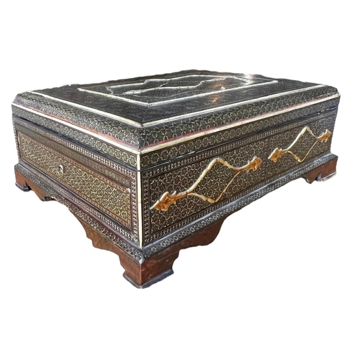 156 - A 19TH CENTURY OTTOMAN EMPIRE LACQUERED WOOD BOX
inlaid with bone and gilt metal geometrical star de... 