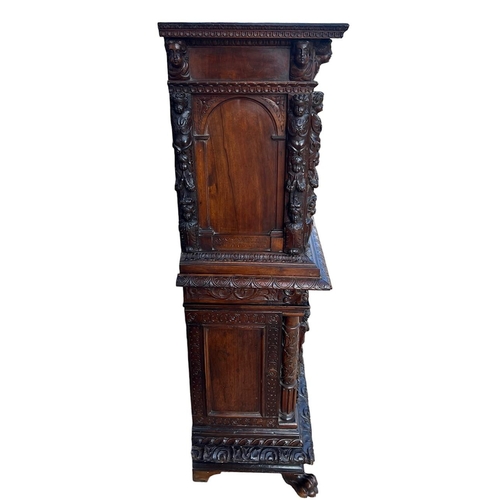 158 - A 17TH/18TH CENTURY ITALIAN CARVED WALNUT AND BURR WALNUT BAMBOCCI CABINET 
With two single drawer a... 