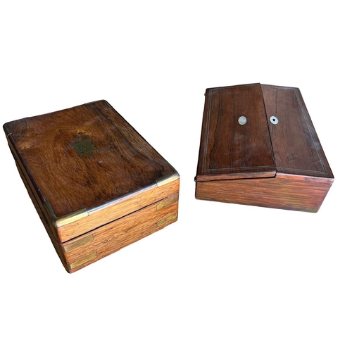 75 - A 19TH CENTURY ROSEWOOD AND BRASS INLAID WRITING SLOPE 
Opening to reveal fitted interior and two in... 