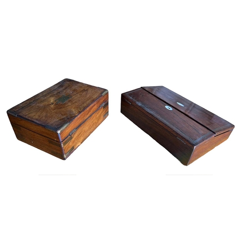 75 - A 19TH CENTURY ROSEWOOD AND BRASS INLAID WRITING SLOPE 
Opening to reveal fitted interior and two in... 