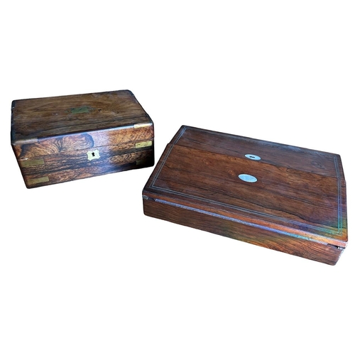 75 - A 19TH CENTURY ROSEWOOD AND BRASS INLAID WRITING SLOPE 
Opening to reveal fitted interior and two in... 