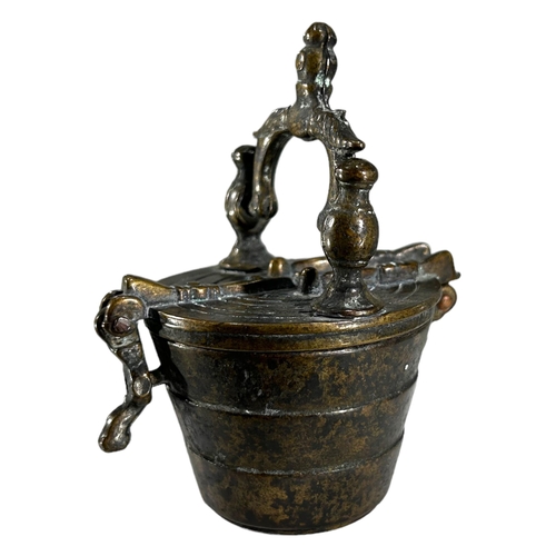 89 - A 19TH CENTURY SWISS, POSSIBLY GERMAN BRONZE CUP WEIGHTS IN THE FORM OF A BUCKET. 
(h 7.5cm x w 6.5c... 