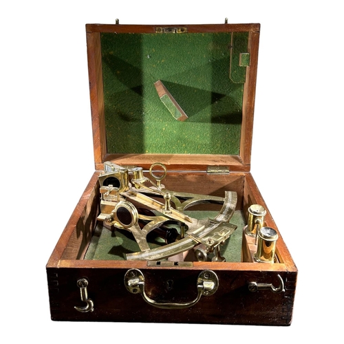 95 - A 19TH CENTURY BRASS SEXTANT HOUSED IN WOODEN CASE
Having wooden handle and green felt lined wooden ... 