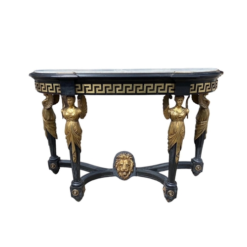 169 - A 19TH CENTURY NEOCLASSICAL DESIGN EBONISED AND GILT METAL MOUNTED CONSOLE TABLE
The white marble to... 