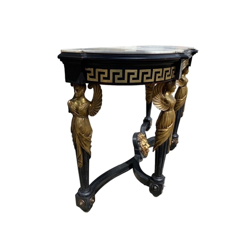 169 - A 19TH CENTURY NEOCLASSICAL DESIGN EBONISED AND GILT METAL MOUNTED CONSOLE TABLE
The white marble to... 