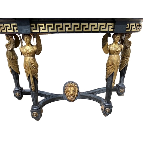 169 - A 19TH CENTURY NEOCLASSICAL DESIGN EBONISED AND GILT METAL MOUNTED CONSOLE TABLE
The white marble to... 