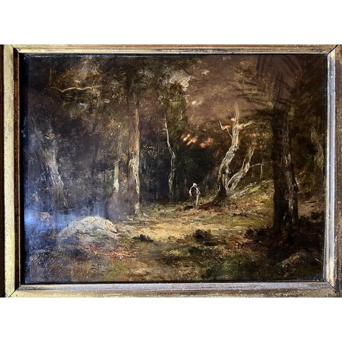 206 - A 19TH CENTURY FRENCH SCHOOL IMPRESSIONIST OIL ON PANEL
Woodland landscape with figure, held in a gi... 