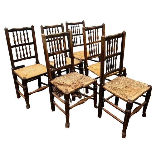 168 - A SET OF SIX 19TH CENTURY LANCASHIRE RUSH SEATED CHAIRS.