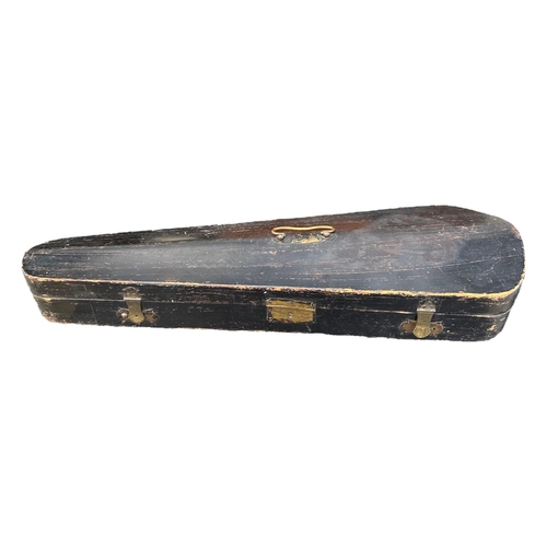 57A - A 20TH CENTURY VIOLIN AND BOW HOUSED IN A 19TH CENTURY WOODEN AND BRASS CASE
Inside label reading ‘A... 