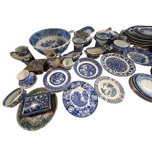 63A - A LARGE COLLECTION OF 19TH AND 20TH CENTURY BLUE AND WHITE PLATTERS, VASES, BOWLS ETC, MAJORITY BEIN... 