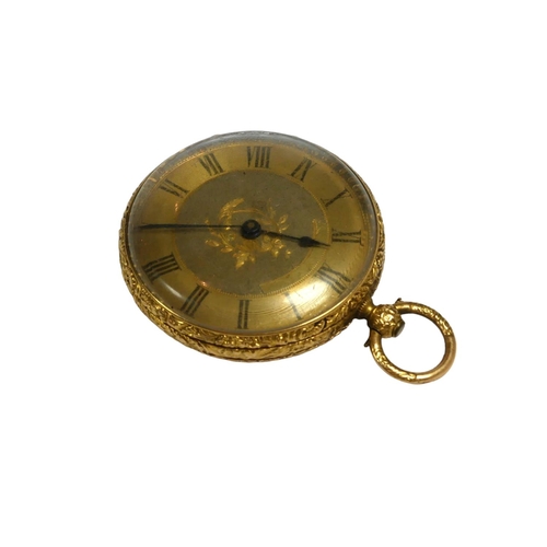 42A - A 19TH CENTURY 18CT GOLD POCKET WATCH, HAVING ELABORATE ENGRAVED DECORATION TO OUTER CASE
With a cen... 