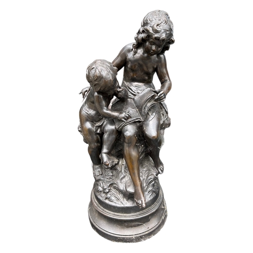 65A - AFTER AUGUSTE MOREAU (1834-1917), LA GRANDE SOEUR. A LARGE CAST SPELTER SCULPTURE OF TWO CHILDREN, r... 