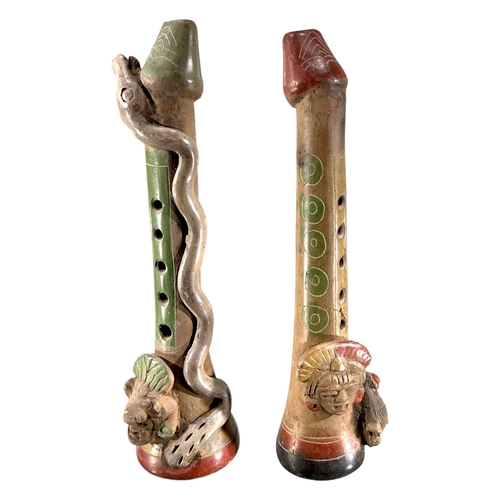 68A - A PAIR OF VINTAGE MEXICAN, AZTEK STYLE FLUTES IN THE FORM OF A PHALLUS WITH ONE HAVING SNAKE RUNNING... 